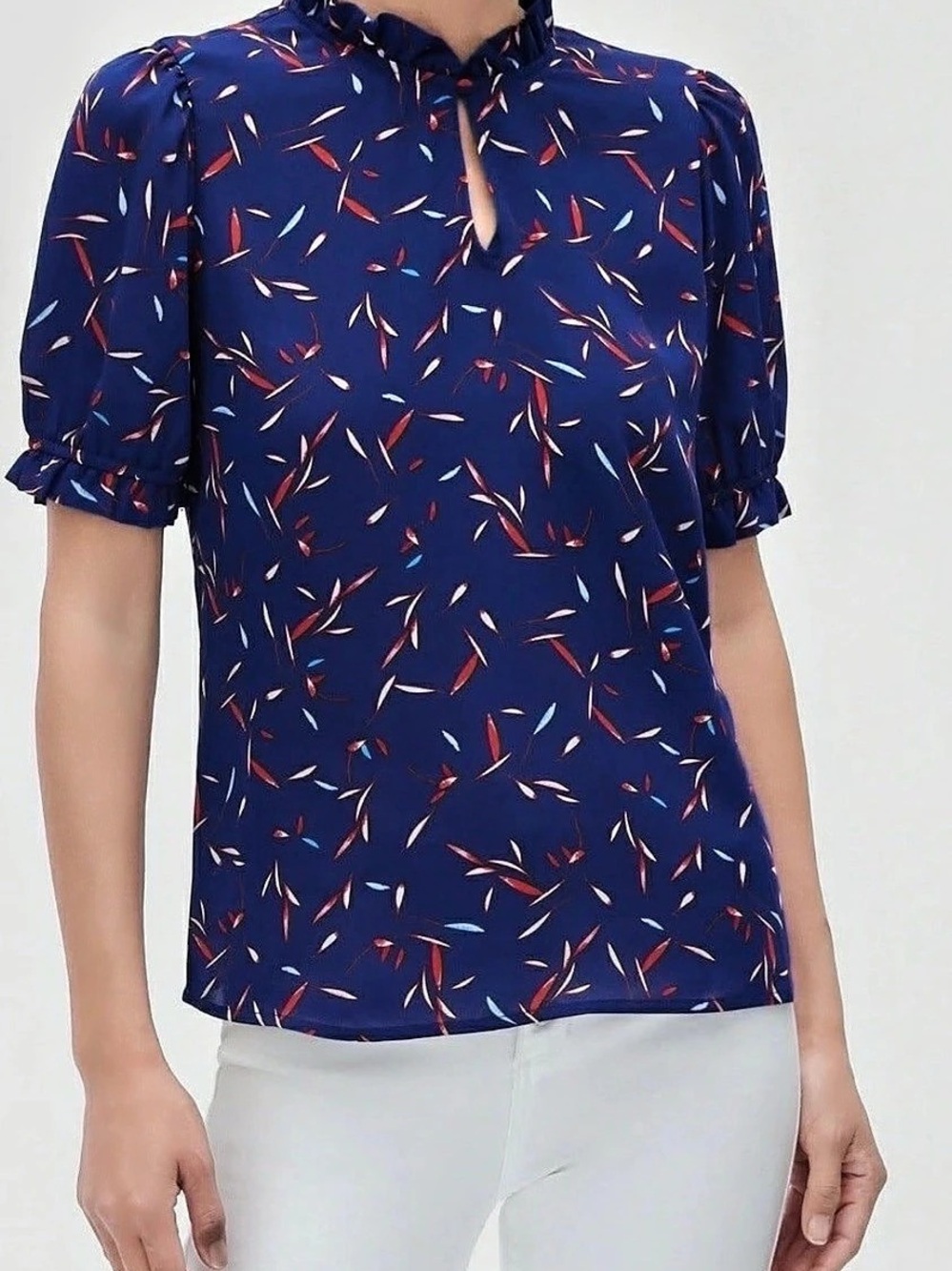 Women’s Banana Republic Navy Colorful Leaf Print Short Sleeves Top Blouse L